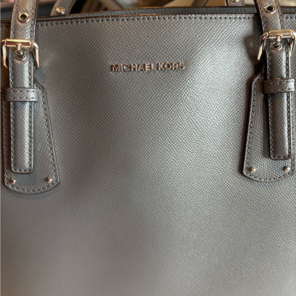 Michael Kors Voyager Crossgrain Leather Tote Bag Gray Shoulder Purse Handbag